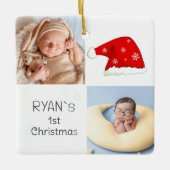 ベビー第1回クリスマス2写真サンタハットスノーフレーク セラミックオーナメント (正面)