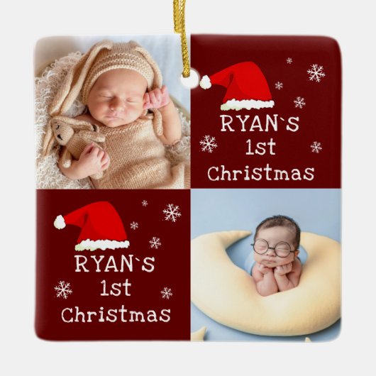 ベビー第1回クリスマス2写真サンタハットスノーフレーク セラミックオーナメント (正面)