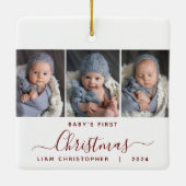 ベビー第1回クリスマス3写真撮影Burgundy Red Script セラミックオーナメント (裏面)