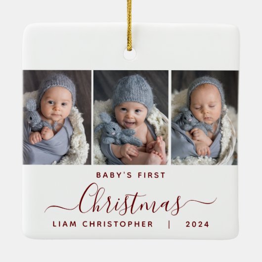 ベビー第1回クリスマス3写真撮影Burgundy Red Script セラミックオーナメント (裏面)