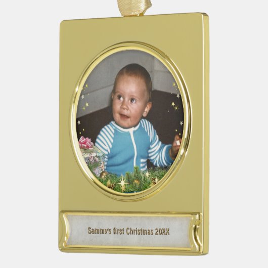 ベビー第1回クリスマス（カスタマイズ可能）金属オーナメント ゴールドプレートバナーオーナメント (左)