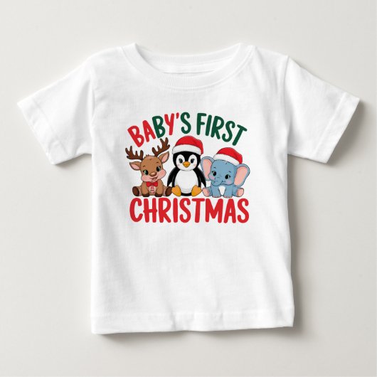 ベビー第1回クリスマス – トナカイ,ペンギン,ゾウ ベビーTシャツ (正面)