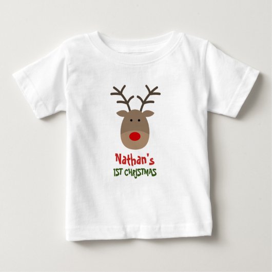 ベビー第1回クリスマスTシャツ、かわいいトナカイ ベビーTシャツ (正面)