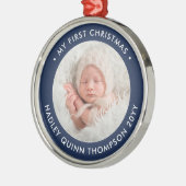 ベビー第1回モダンクリスマス写真海軍ブルーホワイト メタルオーナメント (左)