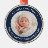 ベビー第1回モダンクリスマス写真海軍ブルーホワイト メタルオーナメント (正面)