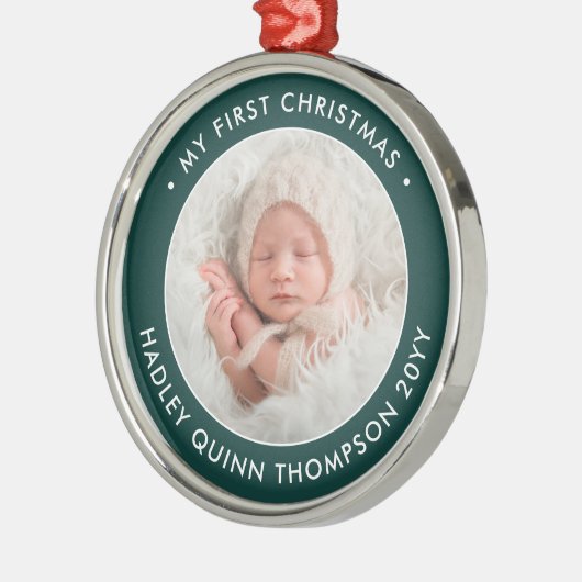 ベビー第1回モダンクリスマス写真緑と白 メタルオーナメント (左)