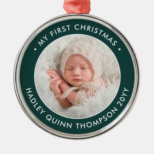 ベビー第1回モダンクリスマス写真緑と白 メタルオーナメント (正面)