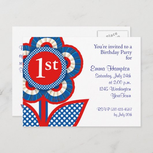 ベビー第1回誕生日はがき招待状(7月) インビテーションポストカード (正面/裏面)