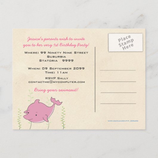 ベビー第1誕生日パーティードルフィン招待状カード インビテーションポストカード (裏面)