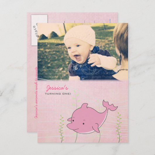 ベビー第1誕生日パーティードルフィン招待状カード インビテーションポストカード (正面/裏面)