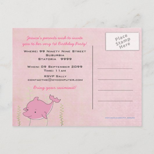 ベビー第1誕生日パーティードルフィン招待状カード インビテーションポストカード (裏面)