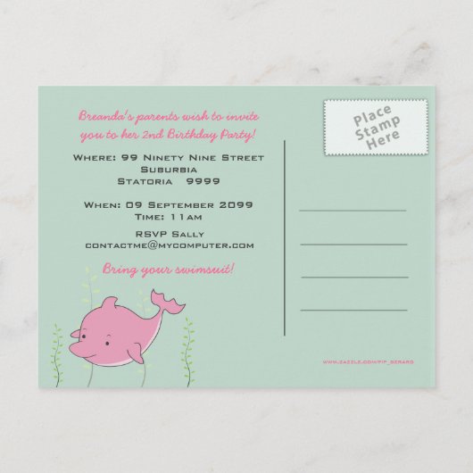 ベビー第1誕生日パーティードルフィン招待状カード インビテーションポストカード (裏面)