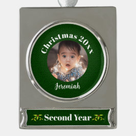 ベビー第2回クリスマスグリーンフェイクファブリック記念 シルバープレートバナーオーナメント