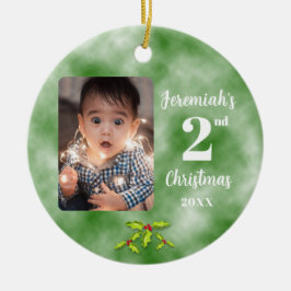 ベビー第2回クリスマスワンフォトラウンドグリーン セラミックオーナメント