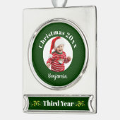 ベビー第3回クリスマスグリーンフェイクファブリック記念 シルバープレートバナーオーナメント (左)