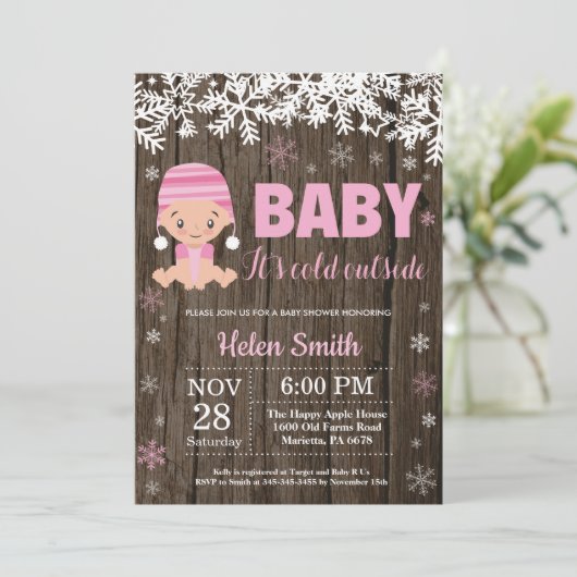 ベビー素朴その冷たい外の女の子の赤ちゃんシャワー 招待状 (スタンド正面)