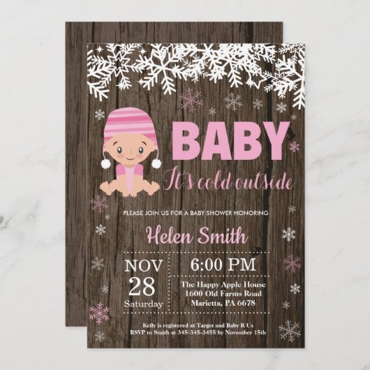 ベビー素朴その冷たい外の女の子の赤ちゃんシャワー 招待状 (正面/裏面)