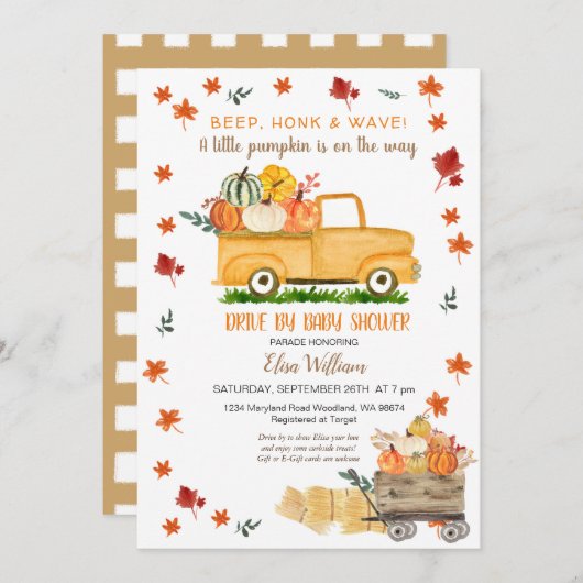 ベビー素朴シャワーで秋トラックカボチャ駆動 招待状 (正面/裏面)