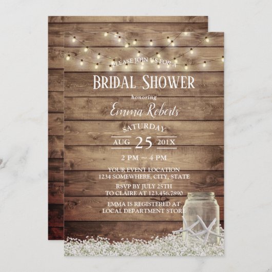 ベビー素朴ズブレススターフィッシュジャーブライダルシャワー 招待状 (正面/裏面)