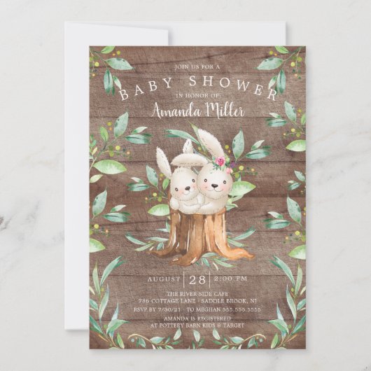 ベビー素朴バニーバニーママ赤ちゃんシャワー 招待状 (正面)