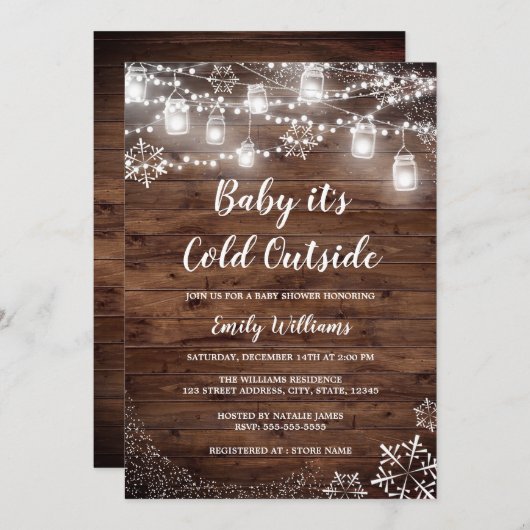 ベビー素朴冬の赤ちゃんシャワー外は寒い 招待状 (正面/裏面)