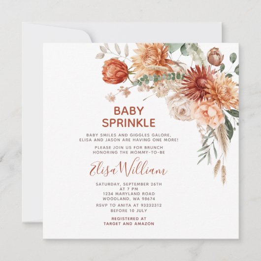 ベビー素朴振りかけるオレンジ色のワイルドフラワーベイビーシャワー 招待状 (正面)