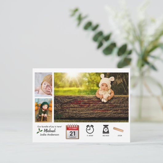 ベビー統計アイコンと写真クリスマス誕生発表 ポストカード (スタンド正面)