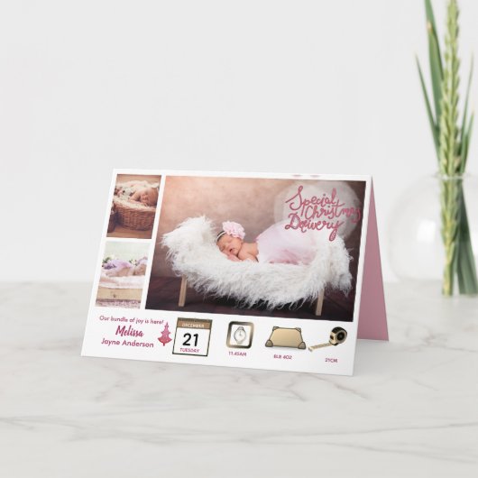 ベビー統計アイコン+写真アナウンスメントクリスマスガール カード (正面)