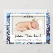 ベビー統計アナウンスブルーフローラスクリファンシープト マグネット招待状 (正面)