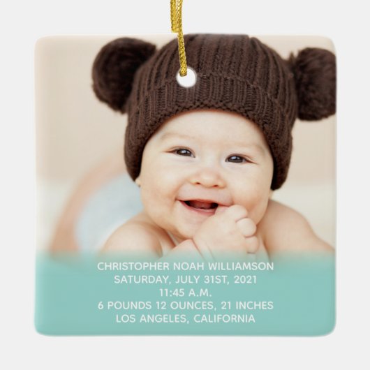 ベビー統計ブルーグリーン1stクリスマスフォト セラミックオーナメント (正面)
