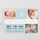 ベビー統計モノグラムブルーカラーブロックフォト誕生 案内状 (正面/裏面)