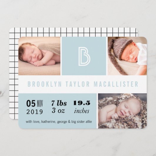 ベビー統計モノグラムブルーカラーブロックフォト誕生 案内状 (正面/裏面)
