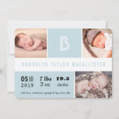 ベビー統計モノグラムブルーカラーブロックフォト誕生 案内状 (正面)