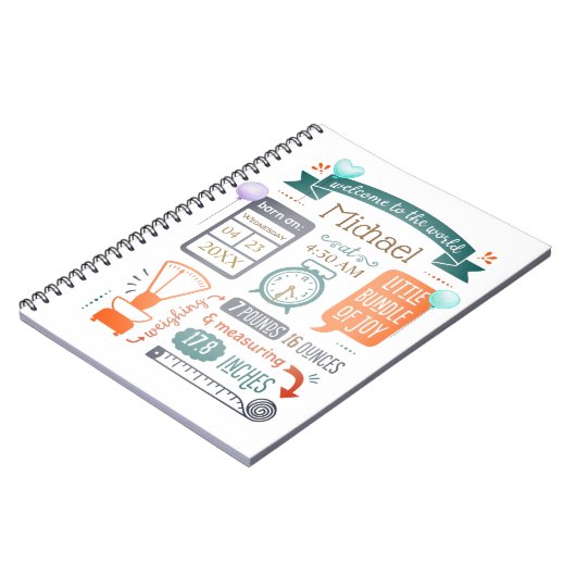 ベビー統計出生告知ティール(緑がかった色)青、オレンジ ノートブック (左側)