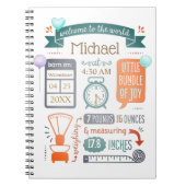 ベビー統計出生告知ティール(緑がかった色)青、オレンジ ノートブック (正面)