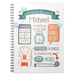 ベビー統計出生告知ティール（緑がかった色）青、オレンジ ノートブック