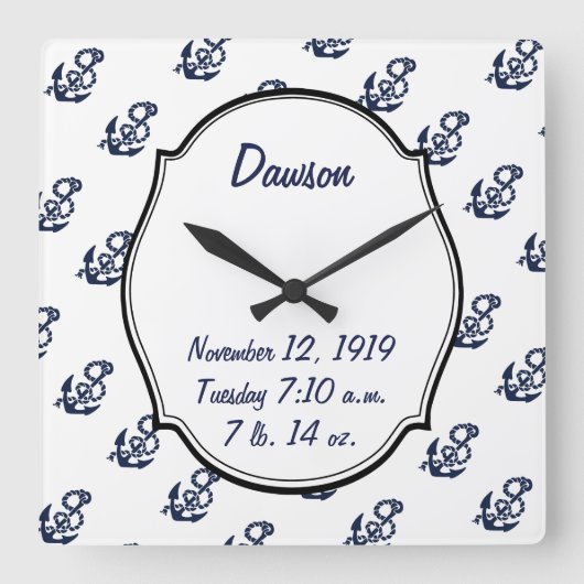 ベビー統計航海のネイビーいかりパターン スクエア壁時計 (正面)