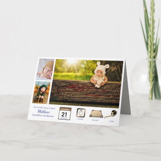 ベビー統計BOYの誕生発表写真コラージュ カード (正面)