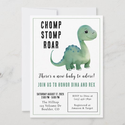 ベビー緑恐竜の赤ちゃんシャワー 招待状 (正面)