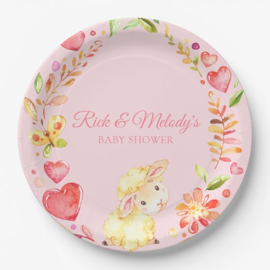 ベビー羊/ラムピンクと黄色の少女のベビーシャワー ペーパープレート (正面)