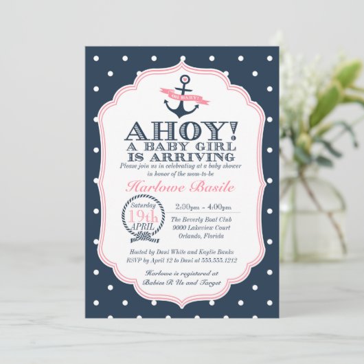 ベビー航海のガールシャワー招待状水玉模様 招待状 (スタンド正面)