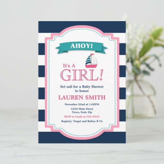 ベビー航海のシャワー招待状ガールセーリングボート 招待状 (スタンド正面)