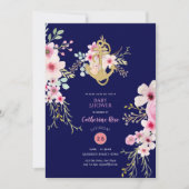 ベビー航海のシャワー招待状ネイビーブルーピンクフローラ 招待状 (正面)