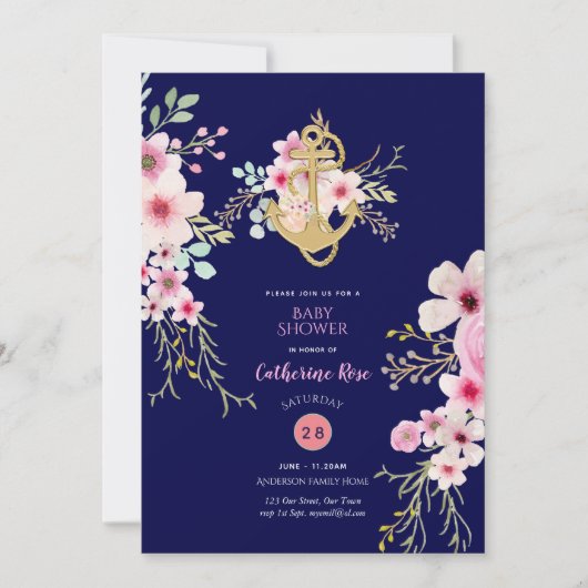 ベビー航海のシャワー招待状ネイビーブルーピンクフローラ 招待状 (正面)
