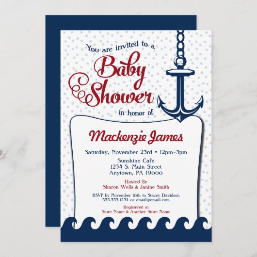 ベビー航海のシャワー招待状レトロネイビーレッド 招待状 (正面/裏面)