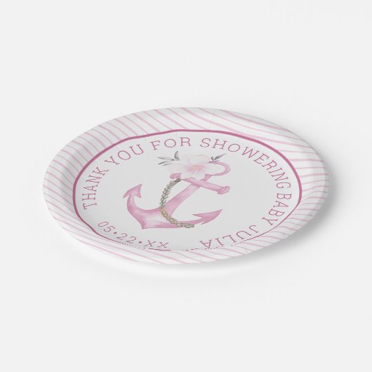 ベビー航海のシャワー紙プレート | ピンクいかりTh ペーパープレート (アングル)