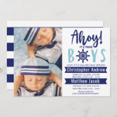 ベビー航海の誕生写真アホイそれがツイン・ボーイズ・アノ 案内状 (正面/裏面)