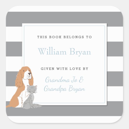 ベビー蔵書票グストライプレイペット犬と猫 スクエアシール (正面)