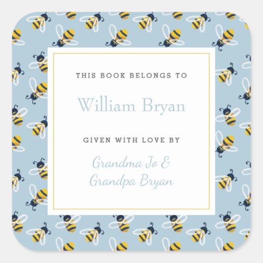 ベビー蔵書票スカイブルーハニービーツ スクエアシール (正面)