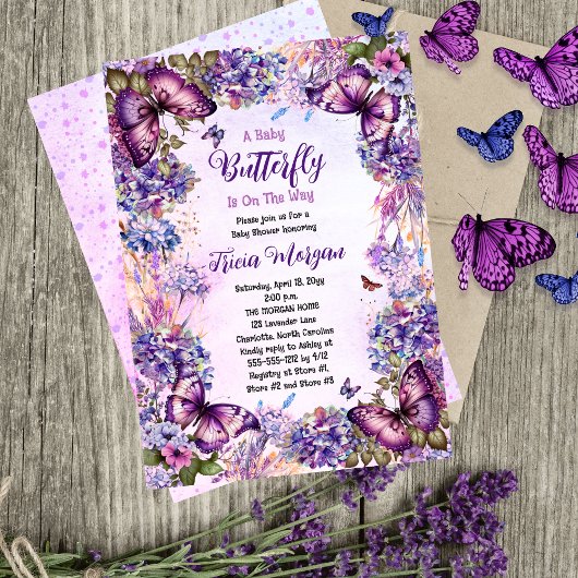 ベビー蝶が途中の女の子の赤ちゃんシャワー 招待状